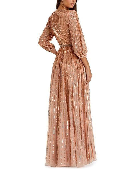 Mac Duggal Brown Sequined Wrap Over 3/4 Sleeve Gown