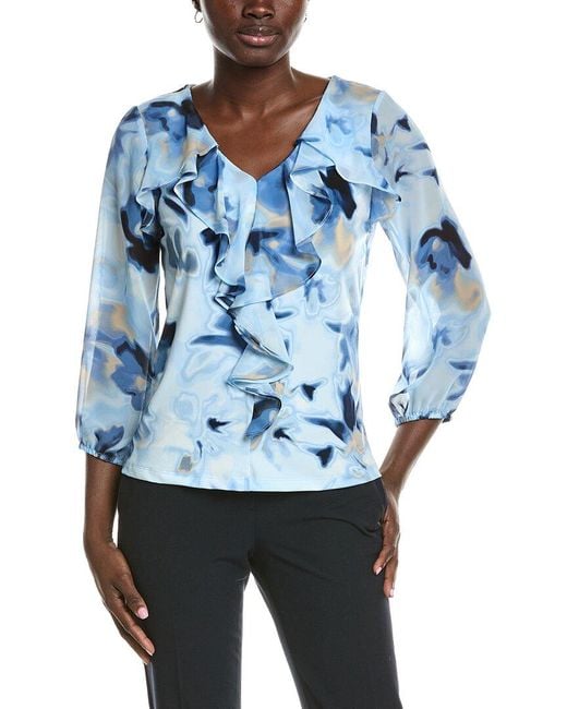 Anne Klein Blue Cascade Ruffle Front Top