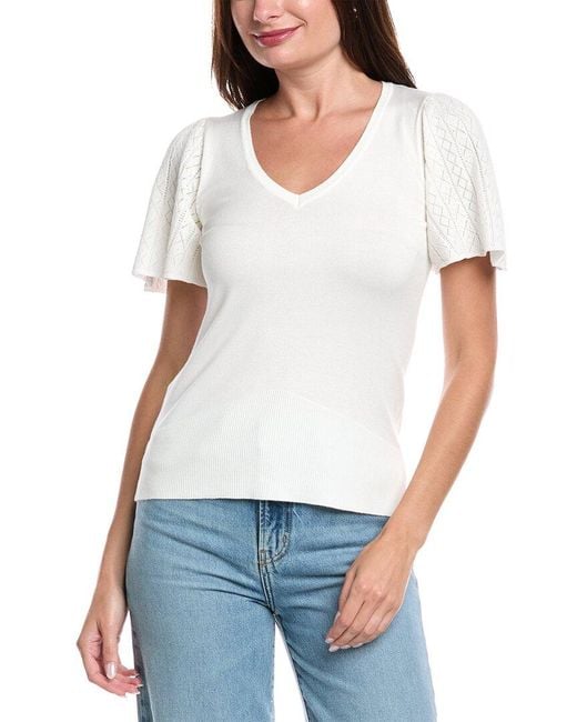 Tahari White Pointelle V-Neck Top