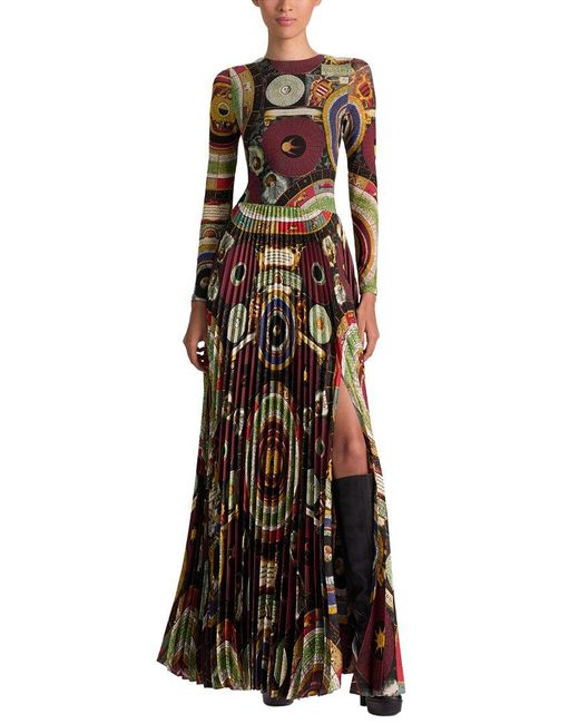 Alice + Olivia Multicolor Ivey Ls Fitted Sunburst Pleated Maxi Dress