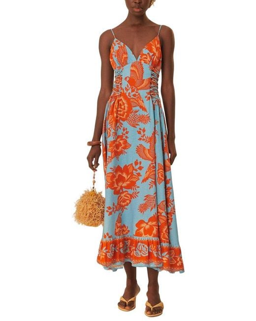 Farm Rio Red Linen-Blend Lace Garden Midi Dress