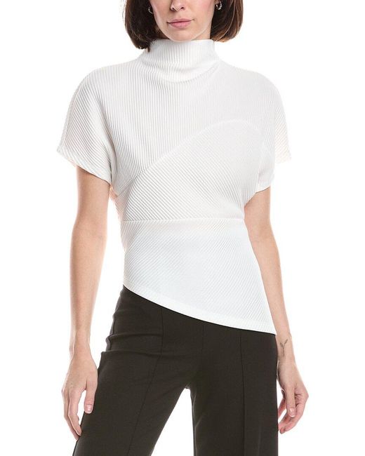 Kenneth Cole White Asymmetrical Mock Neck Plisse T-Shirt