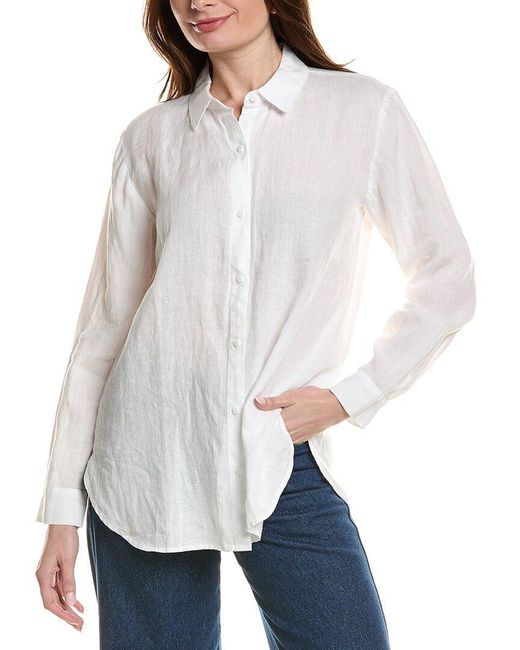 Eileen Fisher White Classic Collar Linen Long Shirt