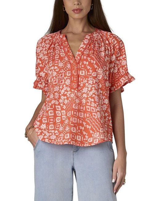 Wit & Wisdom Red Short Cinched Sleeve Stand Collar Top