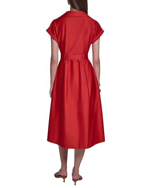 Halston Heritage Red Cotton Sateen Midi Shirt Dress