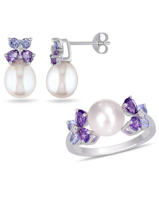 Rina Limor Blue Silver 1.98 Ct. Tw. Diamond & Gemstone 8-8.5mm Pearl 2-piece Set