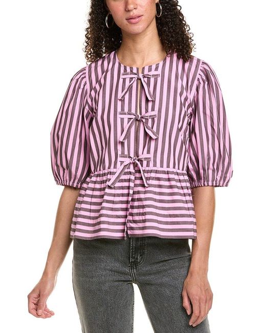 Ganni Red Stripe Peplum Puff Sleeve Blouse