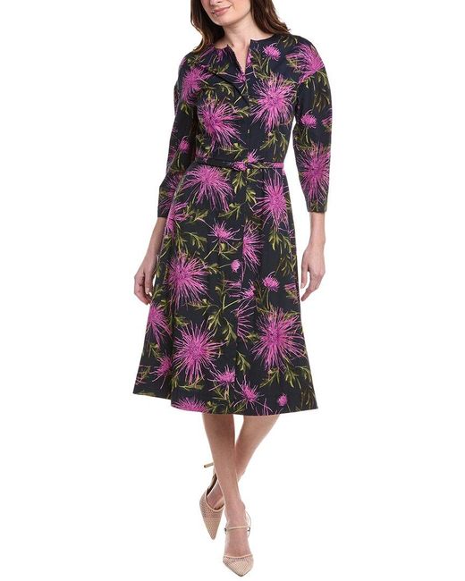 Oscar de la Renta Purple Zip Front Chrysanthemum Midi Dress