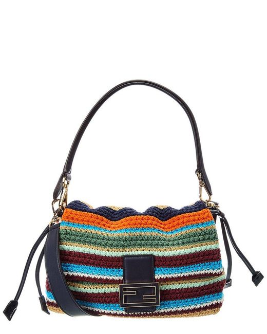 Fendi Black Mamma Baguette Medium Crochet & Leather Shoulder Bag