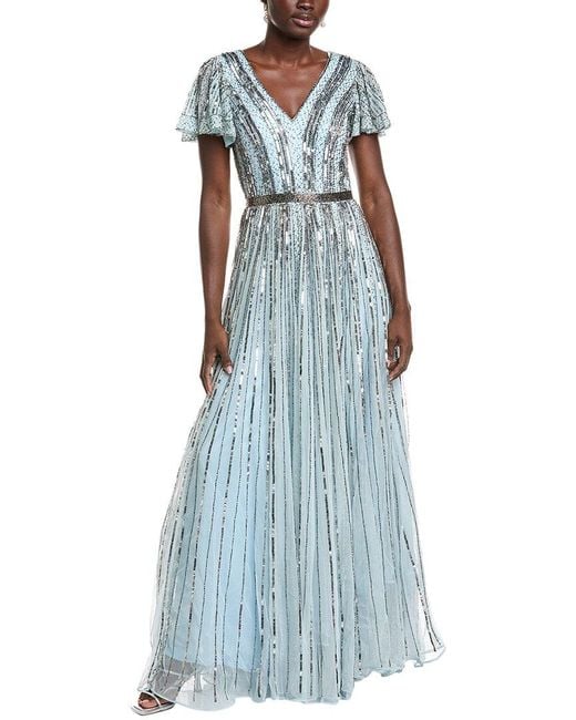 Issue New York Blue Sequin & Bead Embellished Gown