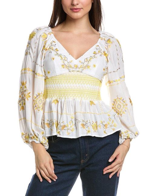 Hale Bob White Embroidered Smocked Top