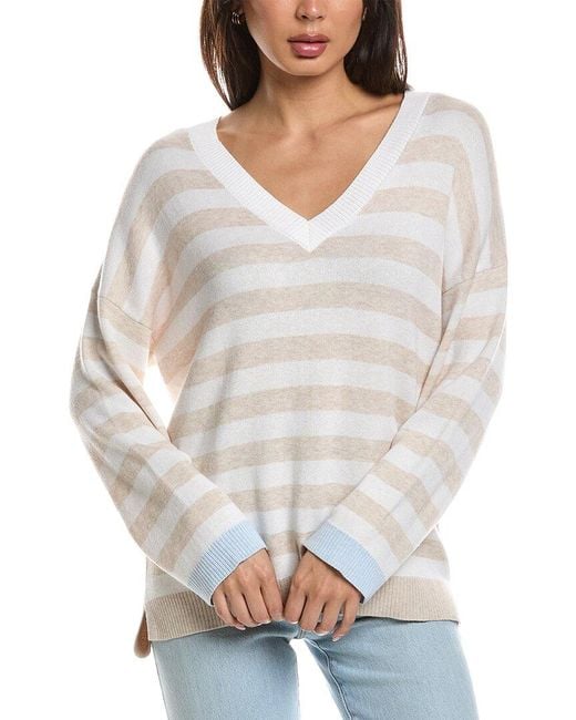Forte White High-Low Stripe V-Neck Cashmere-Blend Sweater