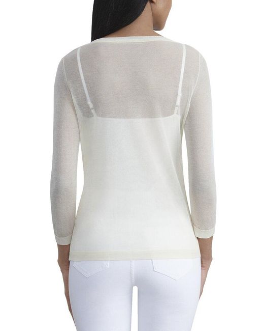 Lafayette 148 New York White Double Layer Cable Intarsia Linen-blend Sweater