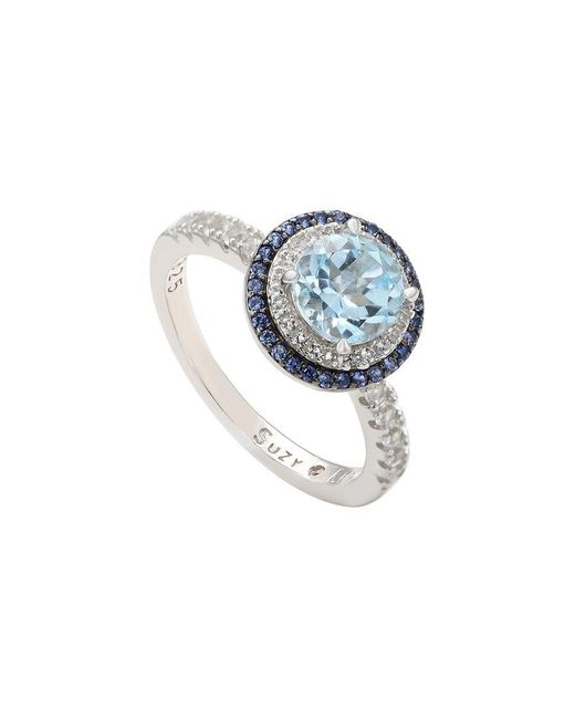 Suzy Levian Blue Silver 0.02 Ct. Tw. Diamond & Gemstone Double Halo Ring