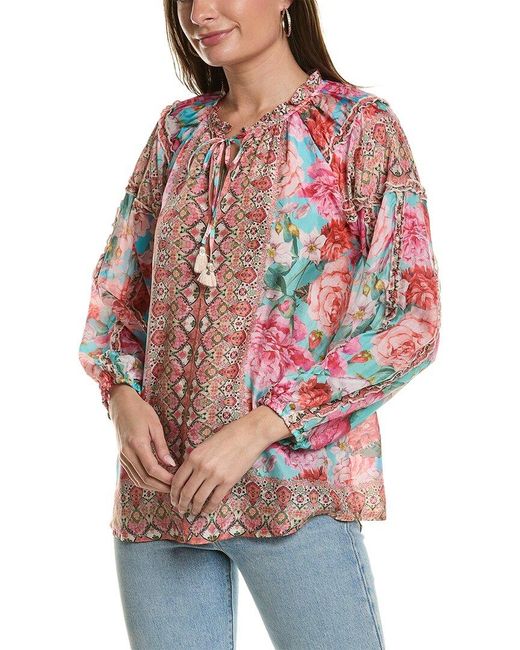 Johnny Was Red Rose Narcisa Silk Blouse