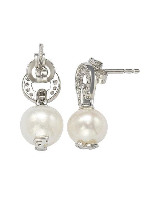 Suzy Levian White Silver 0.30 Ct. Tw. Sapphire & 8mm Pearl Drop Earrings