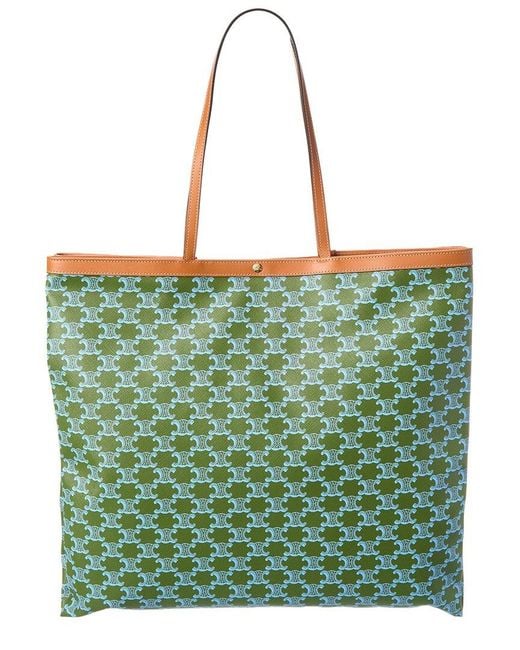Céline Green Large Flat Triomphe Canvas & Leather Tote