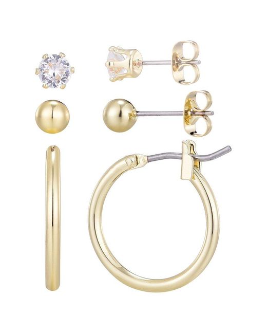 Adornia White 14K Plated Hoop, Solitaire & Ball Stud Earrings Set