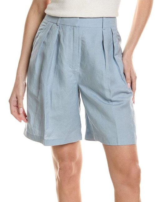 Kenneth Cole Blue High-Rise Pleated Linen-Blend Short