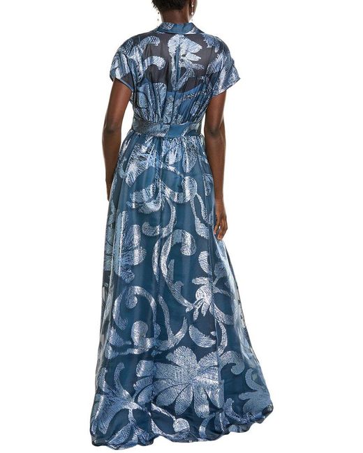 Lela Rose Blue Metallic Floral Fil Coupe Silk-Blend Gown