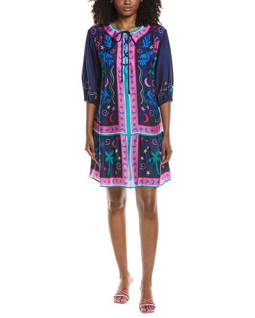 Johnny Was Blue Selena Silk-Blend Mini Dress