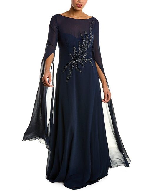 Teri Jon Blue Beaded Crepe Gown