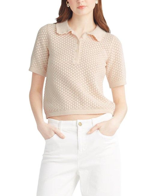 Draper James White Scalloped Collar Wool-Blend Polo Sweater