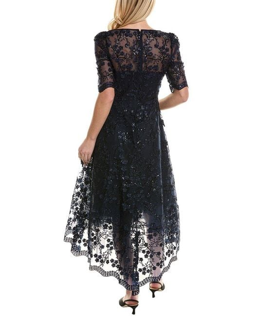 Teri Jon Black Embroidered Lace Midi Dress