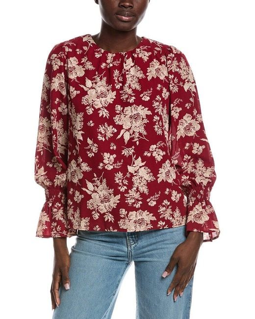 Cece Red Smocked Flounce Sleeve Blouse