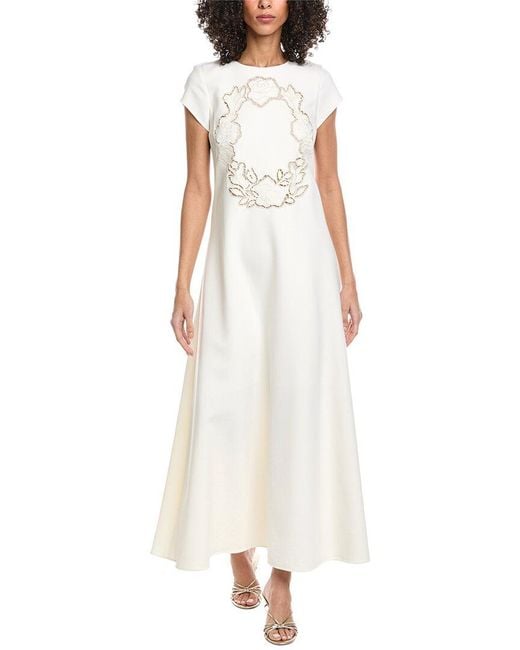 Oscar de la Renta White Floral Cut Out Silk-Lined Wool-Blend Maxi Dress