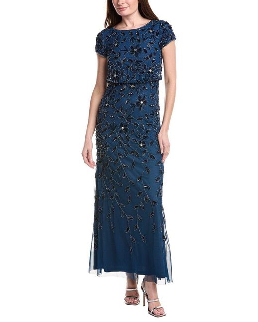 Adrianna Papell Blue Blouson Beaded Long Dress
