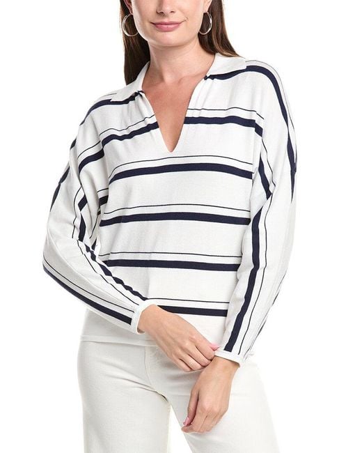 Tahari White Split Neck Striped Sweater