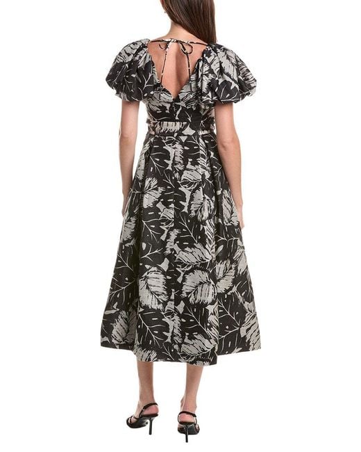 Teri Jon Black V-Neck Puff Sleeve Pleated Silk & Linen-Blend Dress