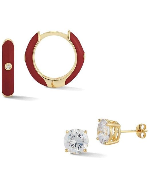 Sphera Milano Metallic 14k Over Silver Cz Set Of Huggie & Stud Earrings