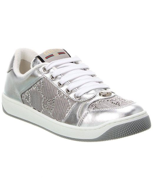 Gucci White Screener Satin & Leather Sneaker
