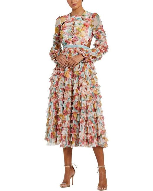 Mac Duggal Pink Mesh Long Sleeve Ruffle Criss Cross Midi Dress