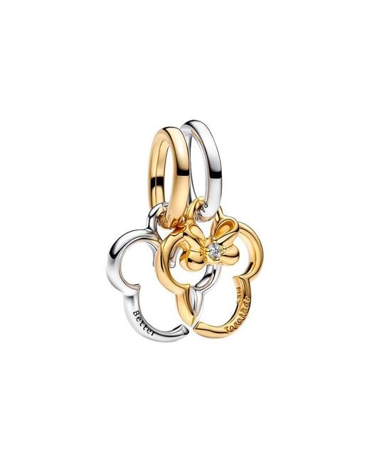 Pandora Metallic X Disney & 14K Plated Cz Mickey Mouse & Minnie Mouse Splittable Dangle Charm