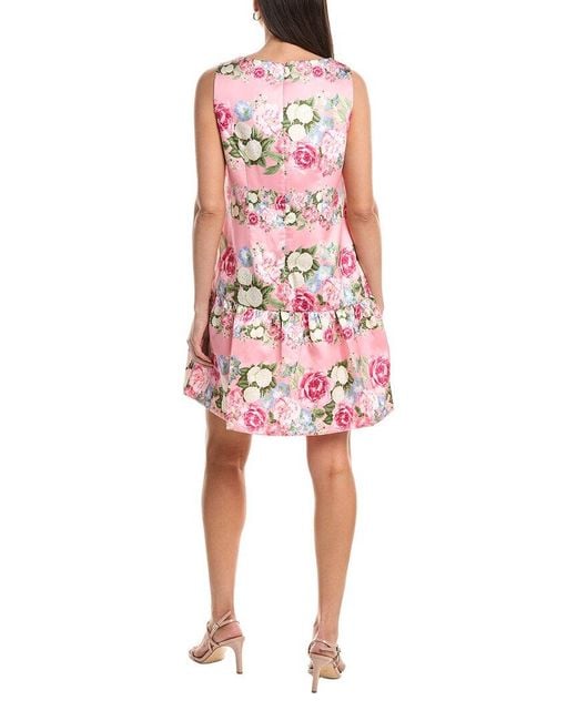 Anne Klein Red Boatneck Flounced Printed Mikado Shift Dress
