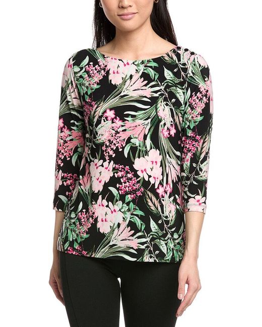Jones New York Black Button Shoulder Print Top