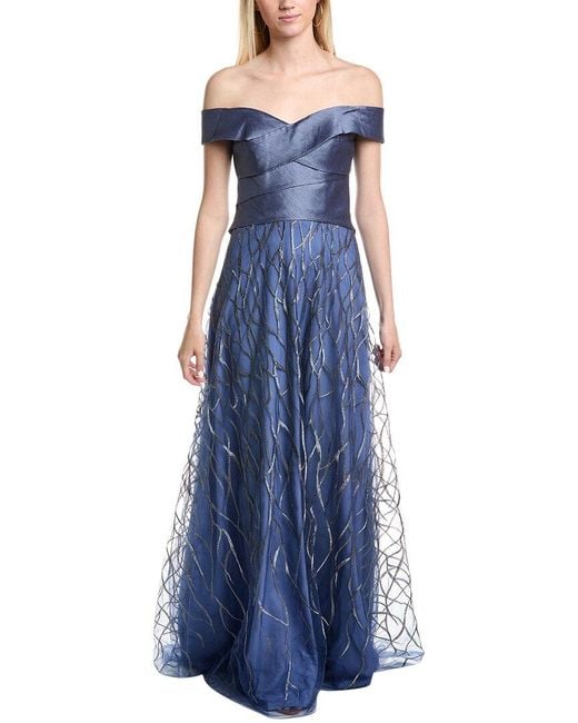 Rene Ruiz Blue Banded Off-The-Shoulder Metallic Tulle Gown