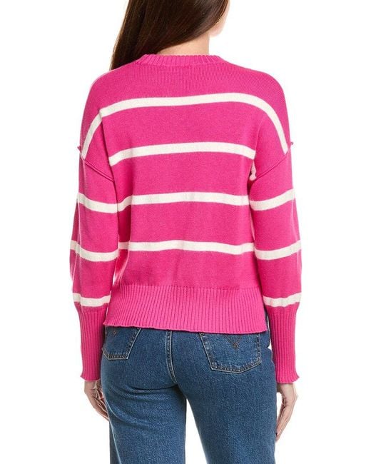 Hannah Rose Pink Drop Shoulder Stripe Crewneck Cashmere-Blend Sweater