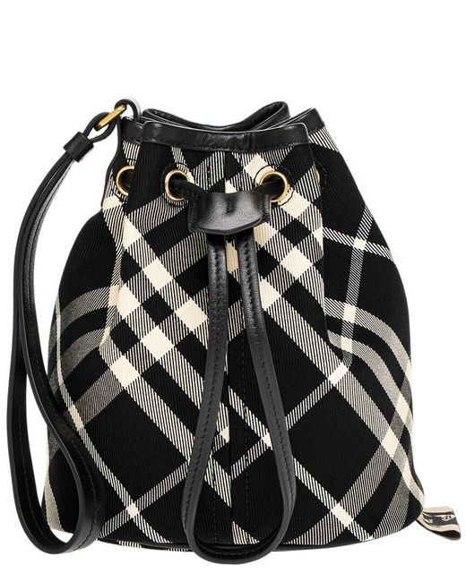 Burberry Black Check Small Cotton & Leather Bucket Bag