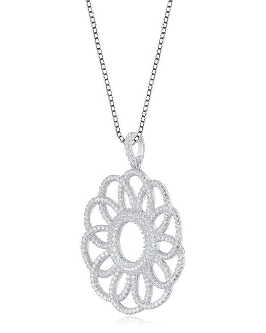 Genevive Jewelry Metallic Silver Cz Flower Pendant Necklace