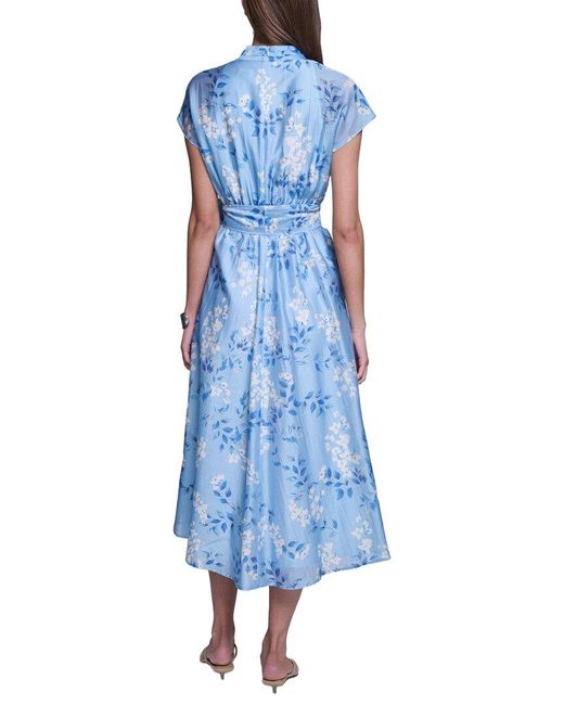 Halston Heritage Blue Butterfly Sleeve Linen-Blend Midi Dress