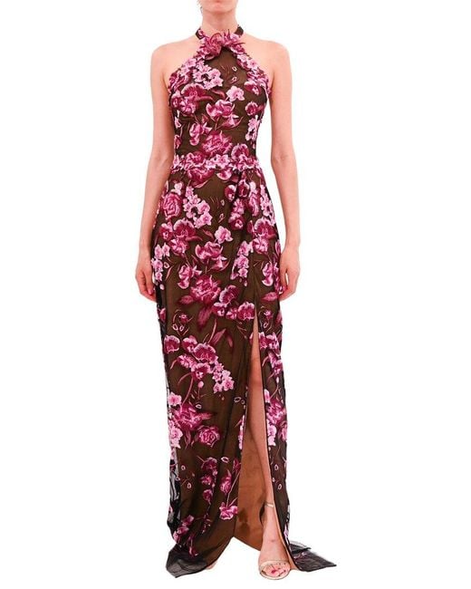 Marchesa Notte Halter Embroidered Tulle Gown