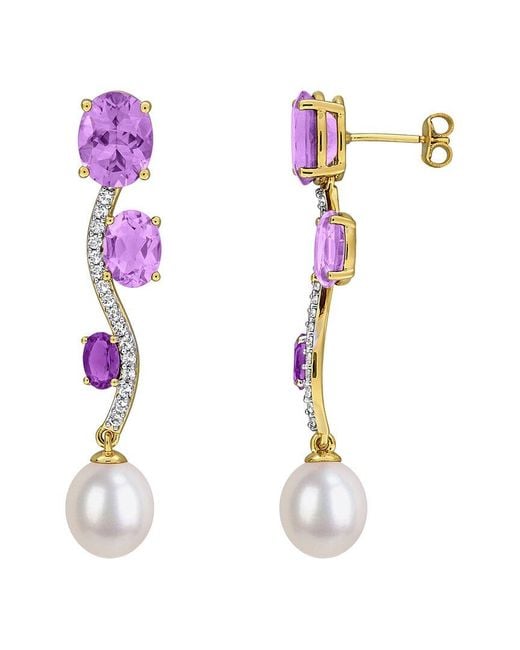 Rina Limor White Plated 8.30 Ct. Tw. Gemstone & 9-9.5Mm Pearl Earrings