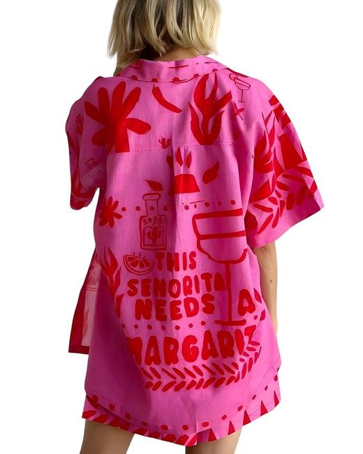 Esea Red 2Pc Linen-Blend Shirt & Short Set