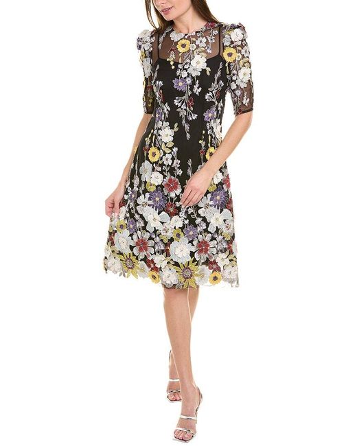 Teri Jon Black Embroidered Floral A-line Dress