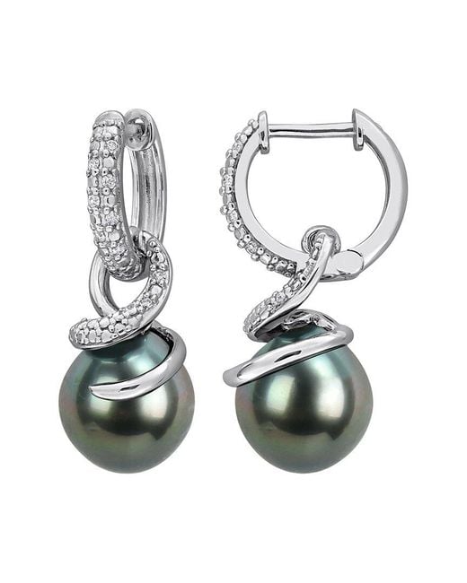 Rina Limor White 0.10 Ct. Tw. Diamond & 9-10Mm Pearl Hoop Earrings