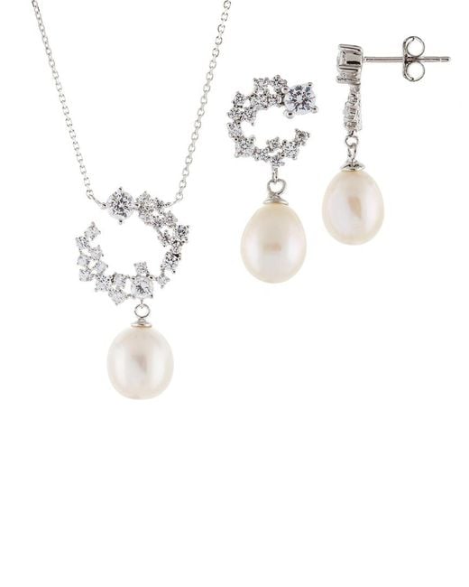 Splendid White Silver 7.5-9.5mm Cultured Freshwater Pearl Necklace & Earrings Set